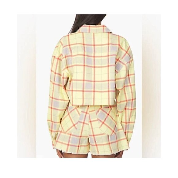 WE WORE WHAT PLAID CROPPED DENIM JACKET HIGH RISE SHORTS Women M/L indie sleeze - Picture 2 of 12